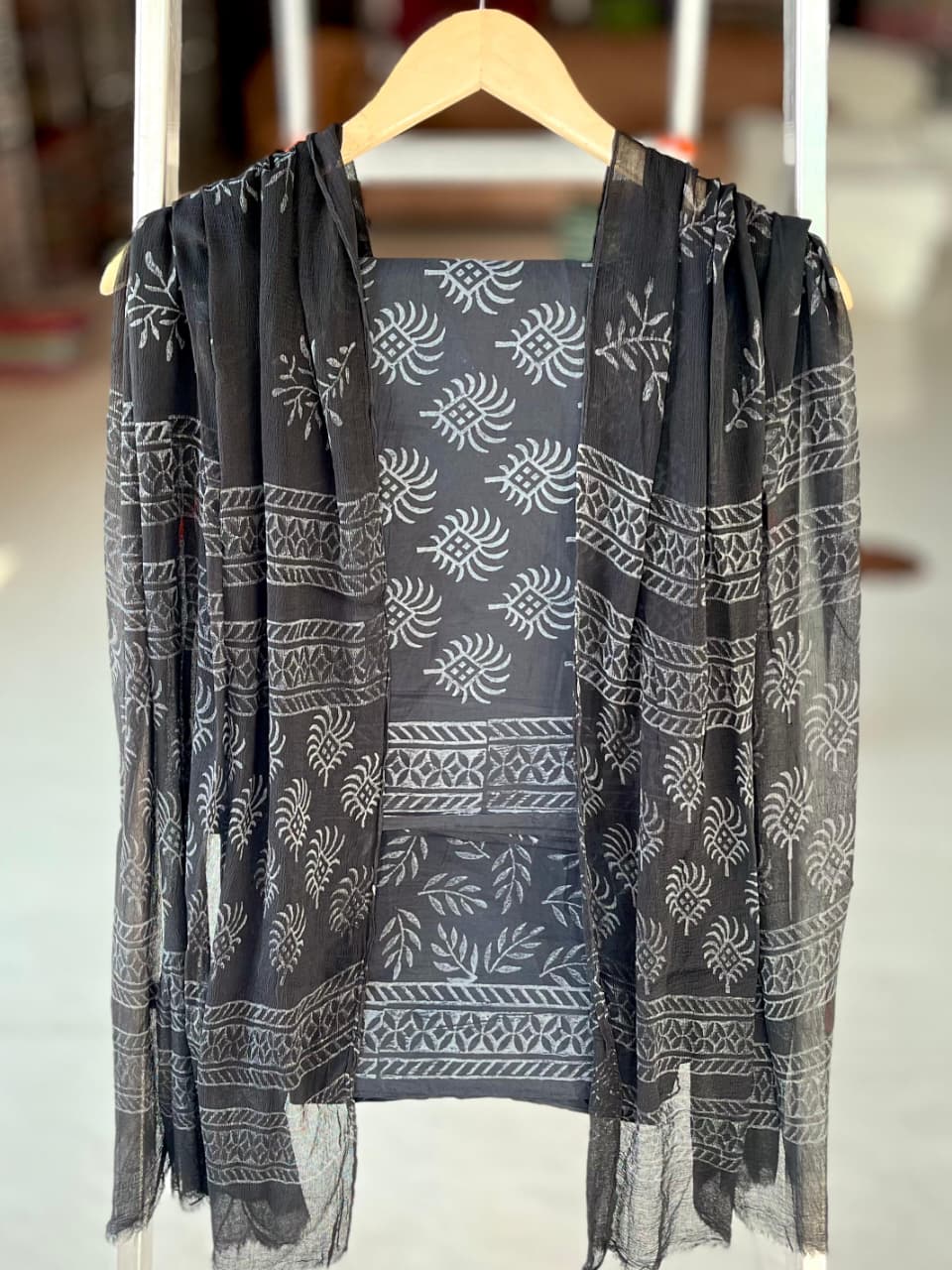 Pure Cotton Hand Block Printed Suit Set With Chiffon Dupatta