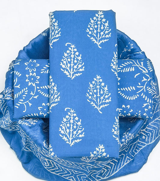 Pure Cotton Hand Block Printed Suit Set With Chiffon Dupatta