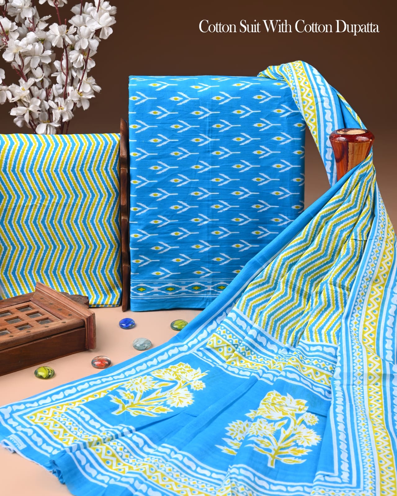 Designer Hand Block Printed Cotton Suit Set With Cotton Dupatta