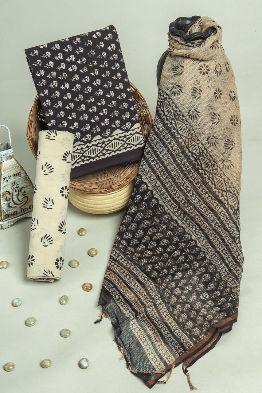 Pure Cotton Hand Block Printed Suit Set With Kota Doria Dupatta