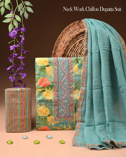Premium Gota Patti Work Cotton Suit Set With Chiffon Dupatta