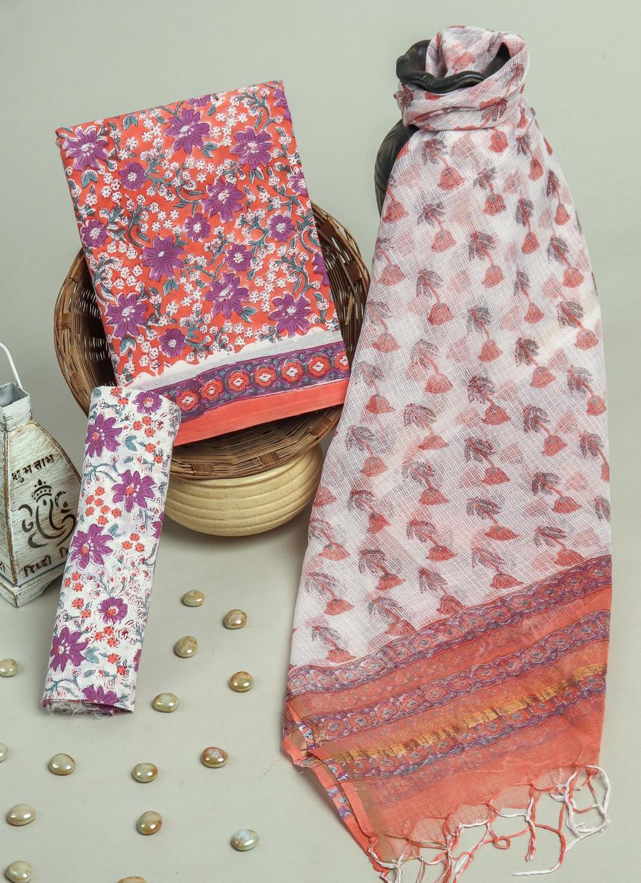 Pure Cotton Hand Block Printed Suit Set With Kota Doria Dupatta