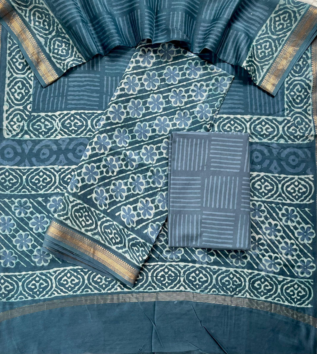 Premium Designer Handblock Printed Maheshwari Silk Suit Set