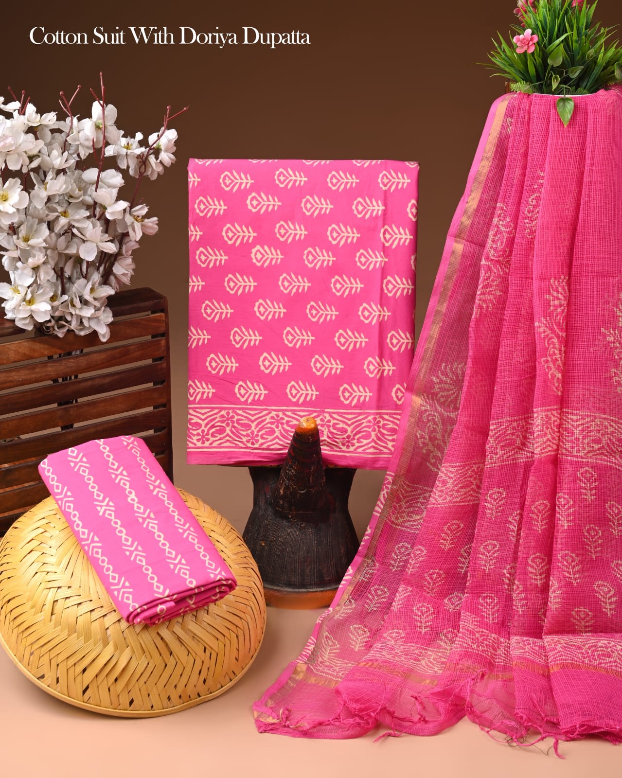 Pure Cotton Hand Block Printed Suit Set With Kota Doria Dupatta