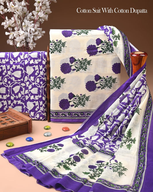 Pure Soft Cotton Hand Block Printed Suit Set With Cotton Dupatta