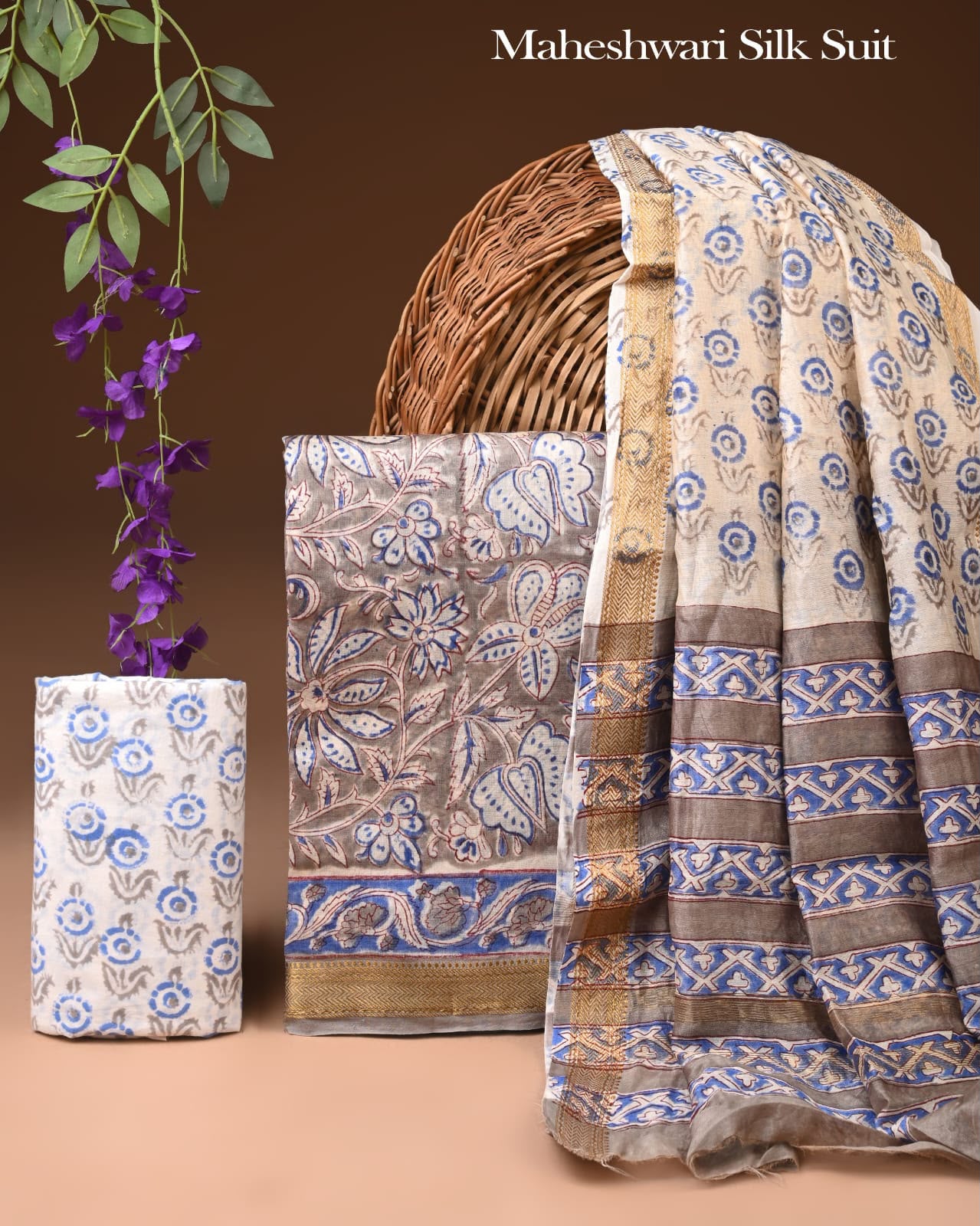 Premium Designer Handblock Printed Maheshwari Silk Suit Set
