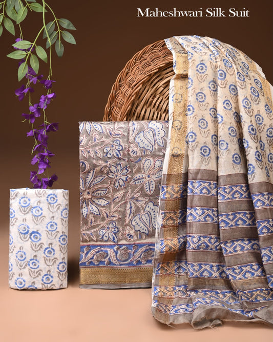 Premium Designer Handblock Printed Maheshwari Silk Suit Set