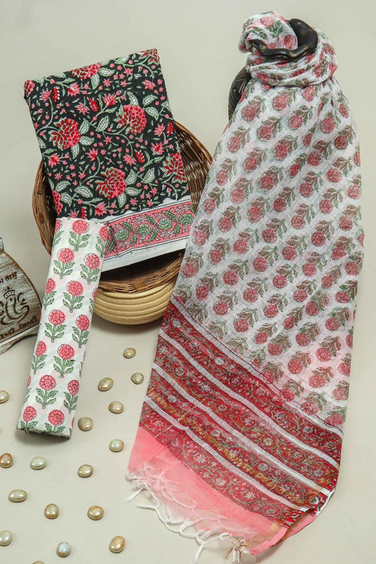 Pure Cotton Hand Block Printed Suit Set With Kota Doria Dupatta