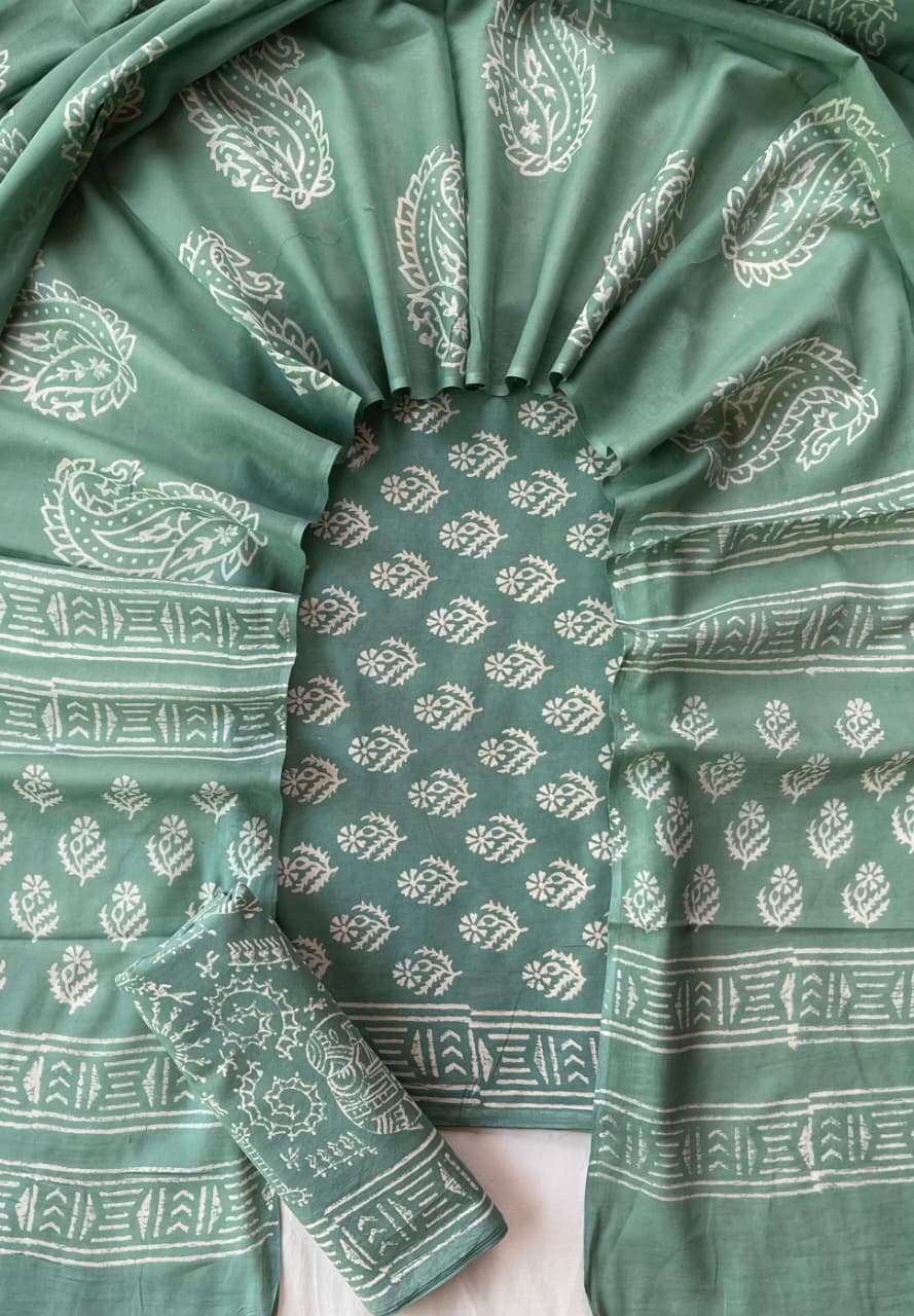 Pure Soft Cotton Hand Block Printed Suit Set With Cotton Dupatta