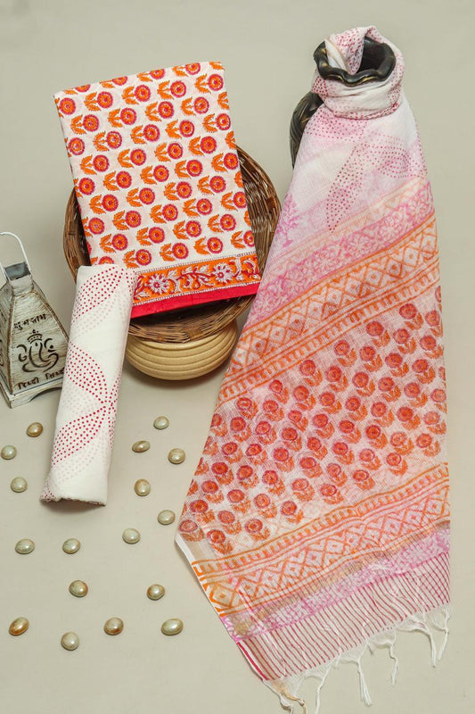 Pure Cotton Hand Block Printed Suit Set With Kota Doria Dupatta