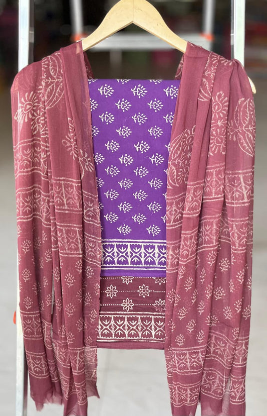Pure Cotton Hand Block Printed Suit Set With Chiffon Dupatta