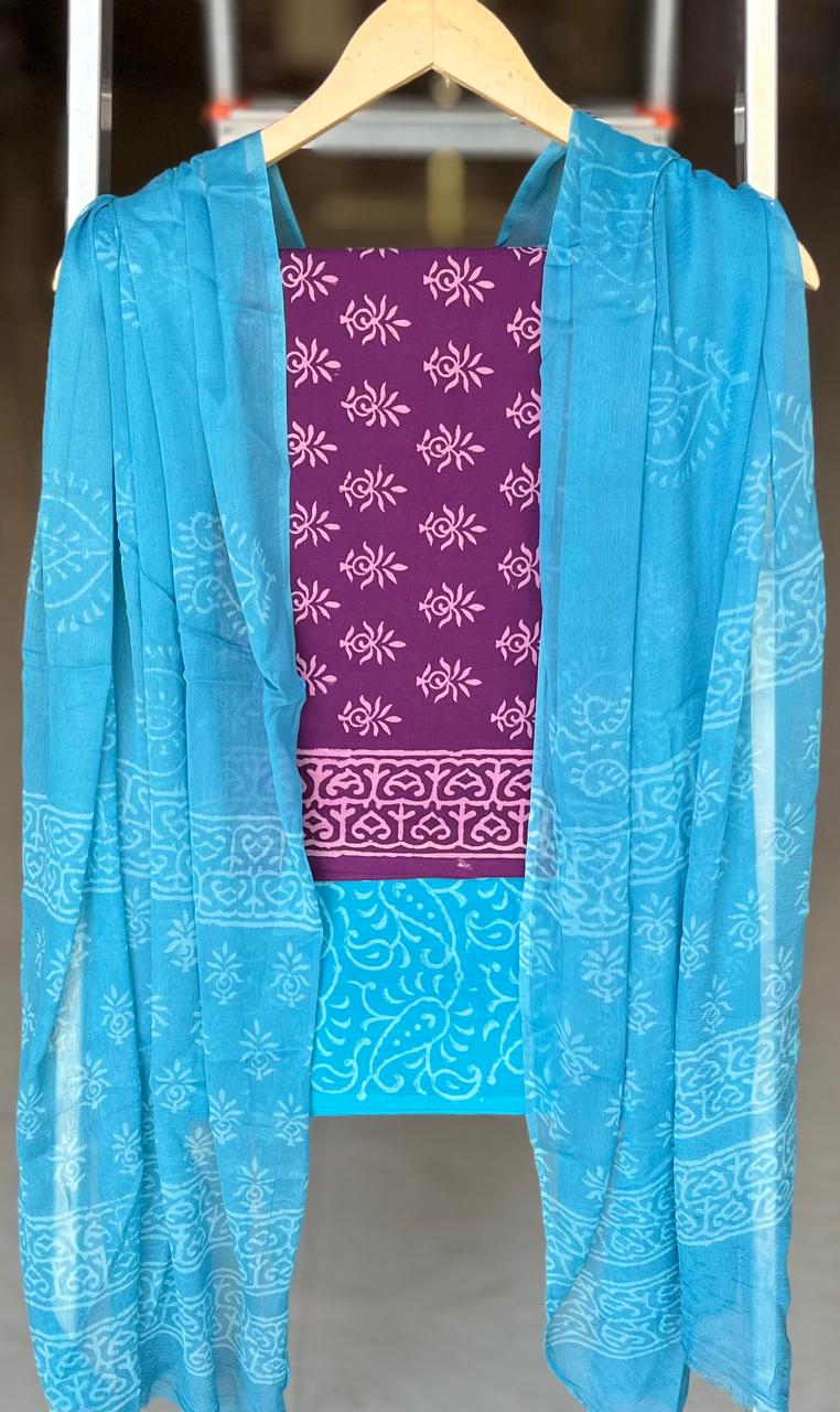 Pure Cotton Hand Block Printed Suit Set With Chiffon Dupatta