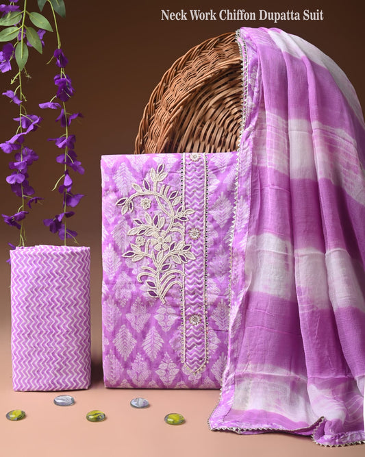 Premium Gota Patti Work Cotton Suit Set With Chiffon Dupatta