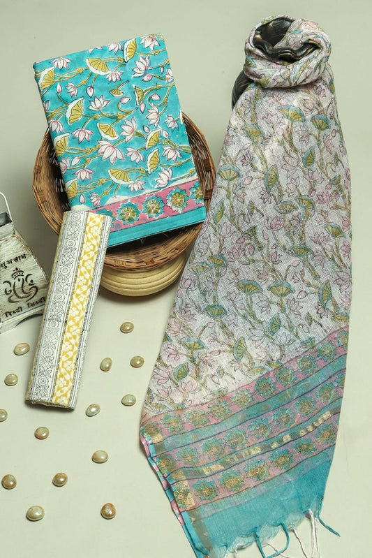 Pure Cotton Hand Block Printed Suit Set With Kota Doria Dupatta
