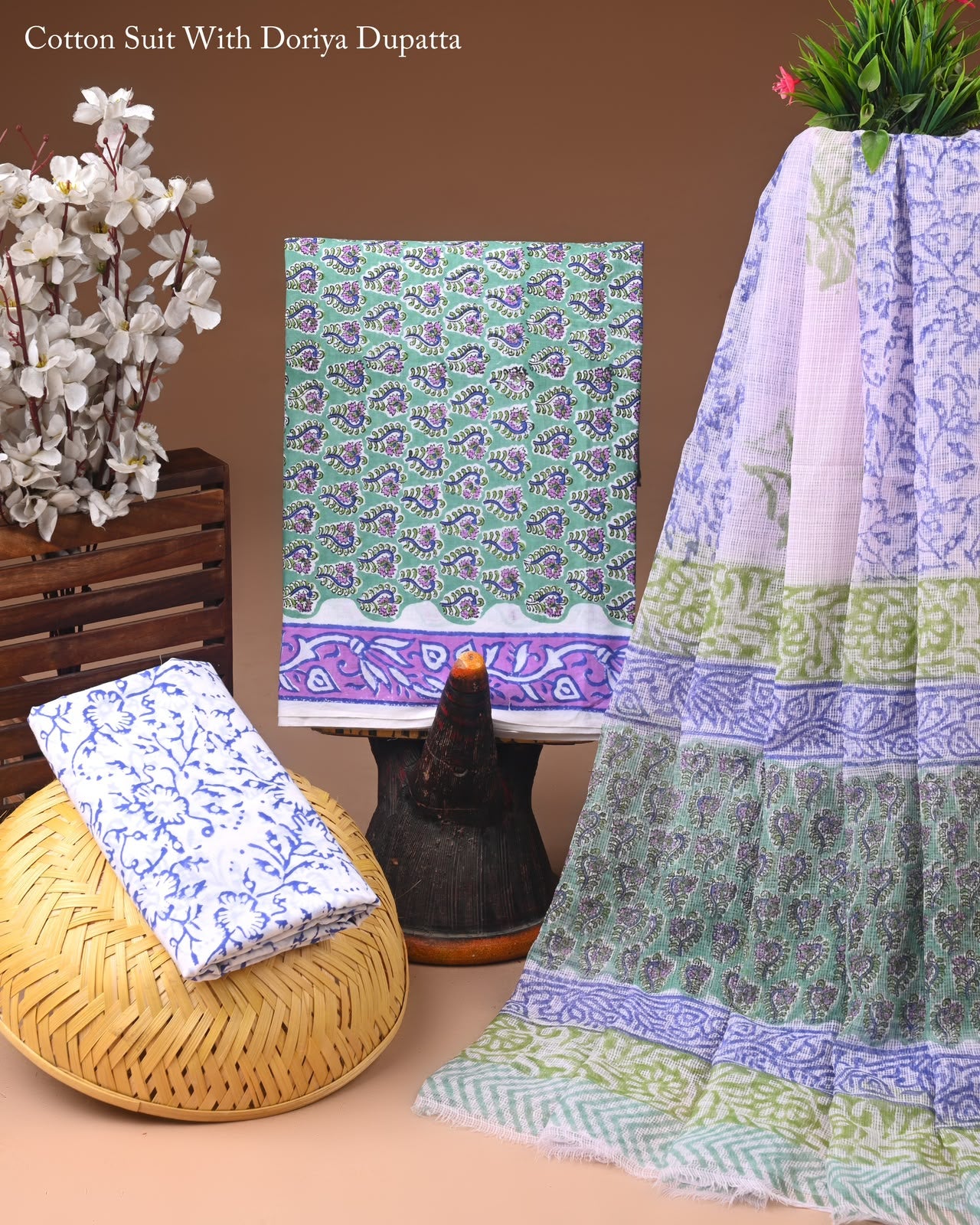 Pure Cotton Hand Block Printed Suit Set With Kota Doria Dupatta
