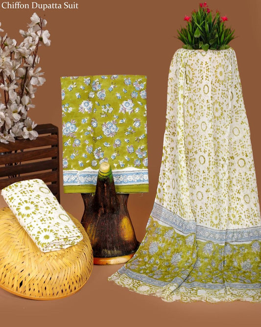 Pure Cotton Hand Block Printed Suit Set With Chiffon Dupatta