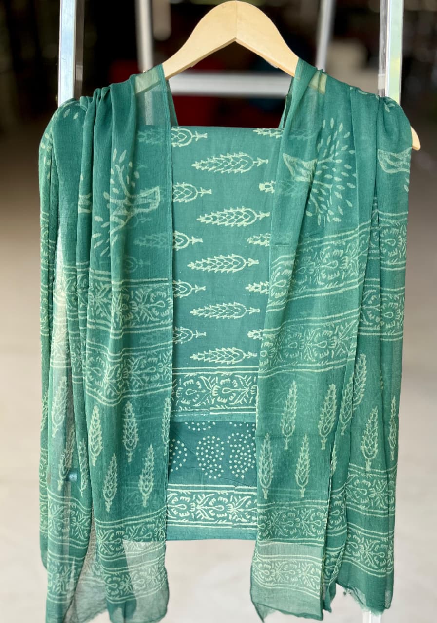 Pure Cotton Hand Block Printed Suit Set With Chiffon Dupatta