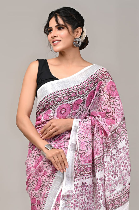 Pure Cotton Linen Handblock Printed Saree With Blouse