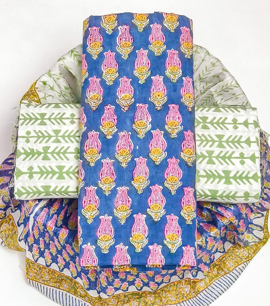 Pure Cotton Hand Block Printed Suit Set With Chiffon Dupatta