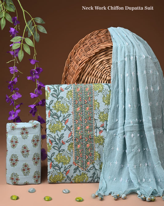 Premium Gota Patti Work Cotton Suit Set With Chiffon Dupatta