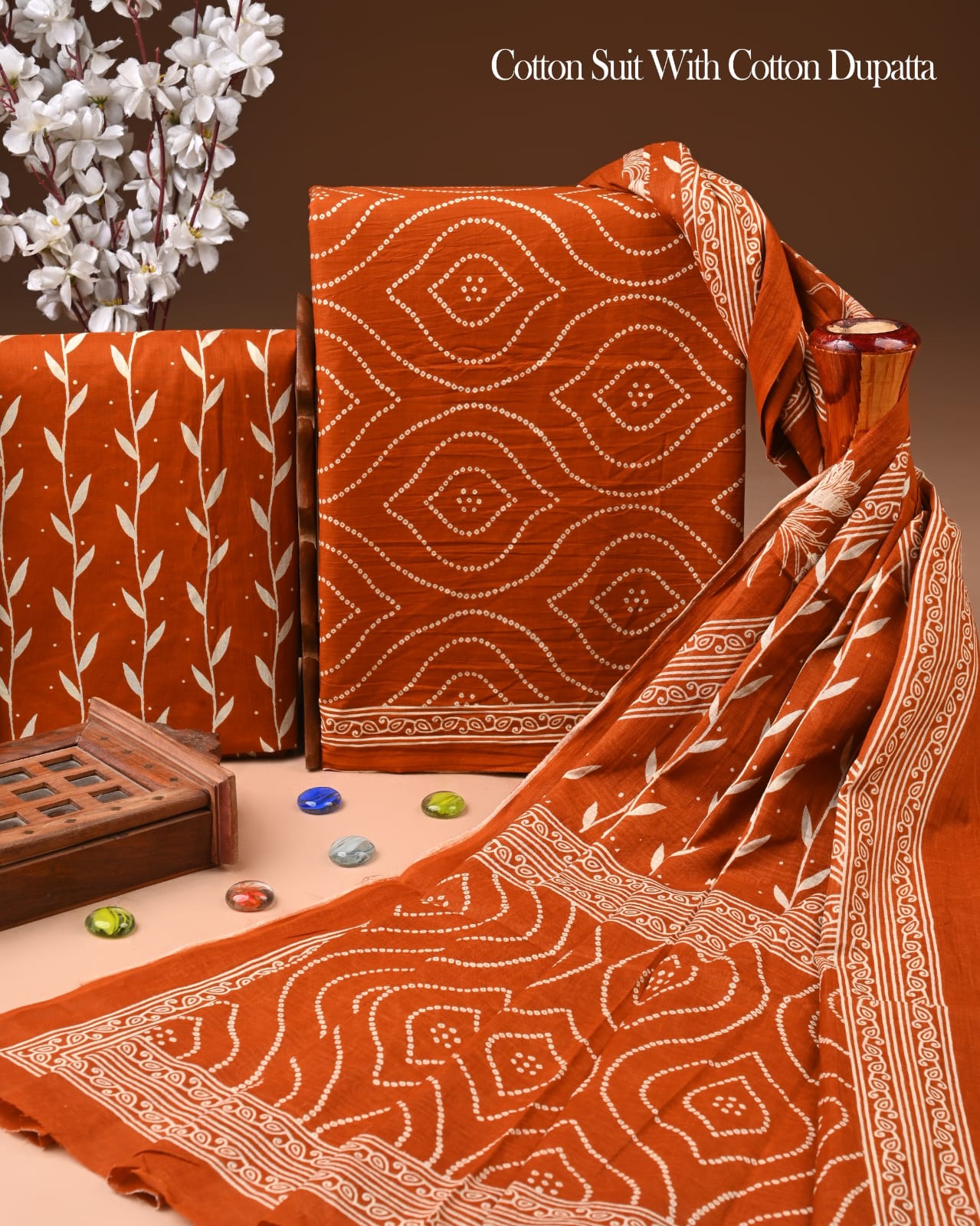 Designer Hand Block Printed Cotton Suit Set With Cotton Dupatta