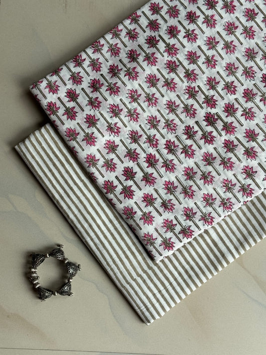 Pure Soft Cotton Handblock Printed 2PC Top-Bottom Suit Set (2.50 Meter Each)
