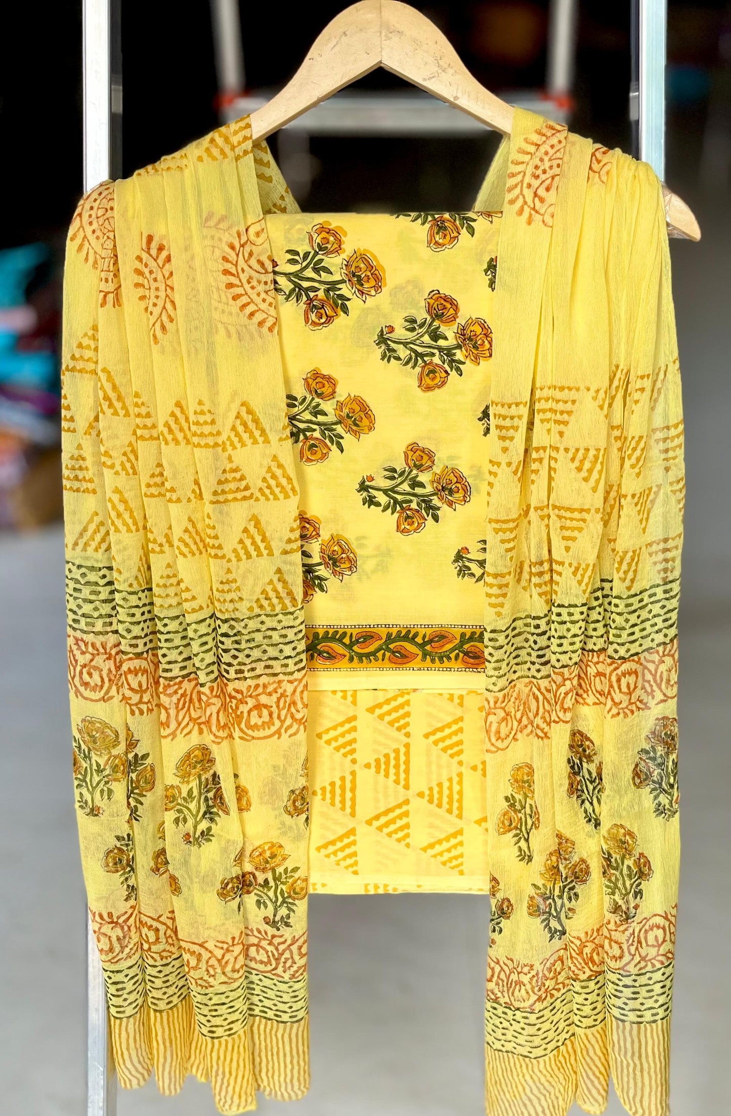 Pure Soft Cotton Hand Block Printed Suit Set With Chiffon Dupatta