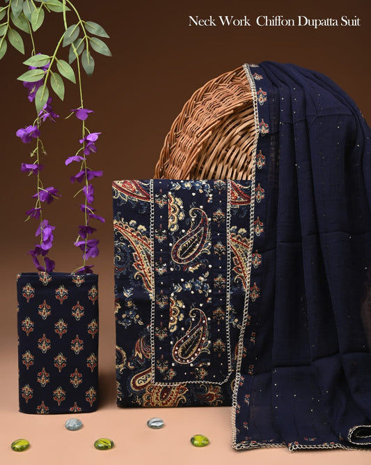 Premium Gota Patti Work Cotton Suit Set With Chiffon Dupatta