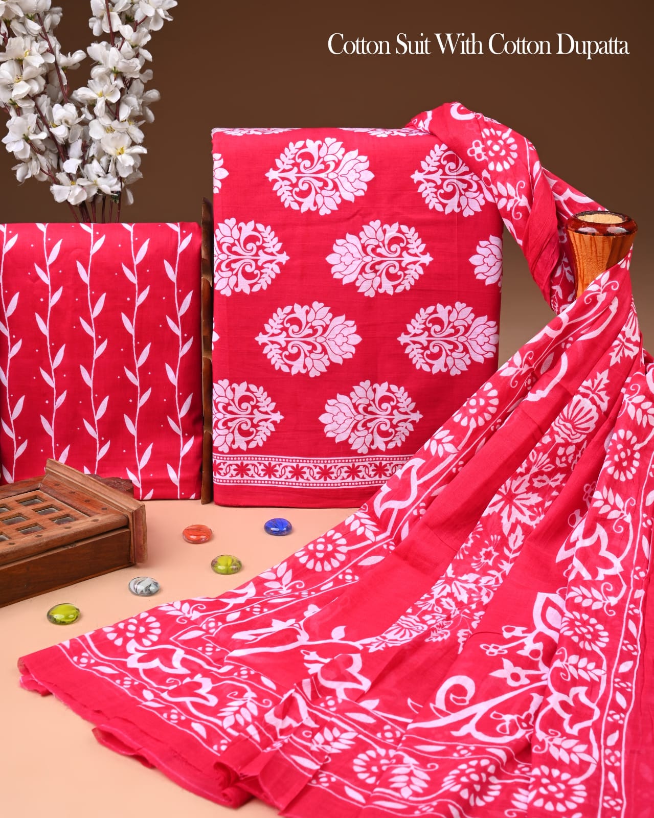 Designer Hand Block Printed Cotton Suit Set With Cotton Dupatta