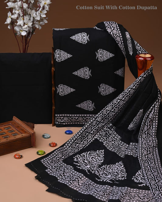 Designer Hand Block Printed Cotton Suit Set With Cotton Dupatta