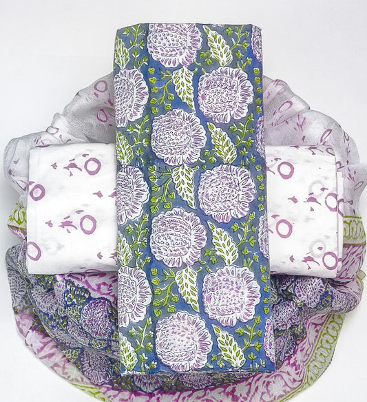 Pure Cotton Hand Block Printed Suit Set With Chiffon Dupatta