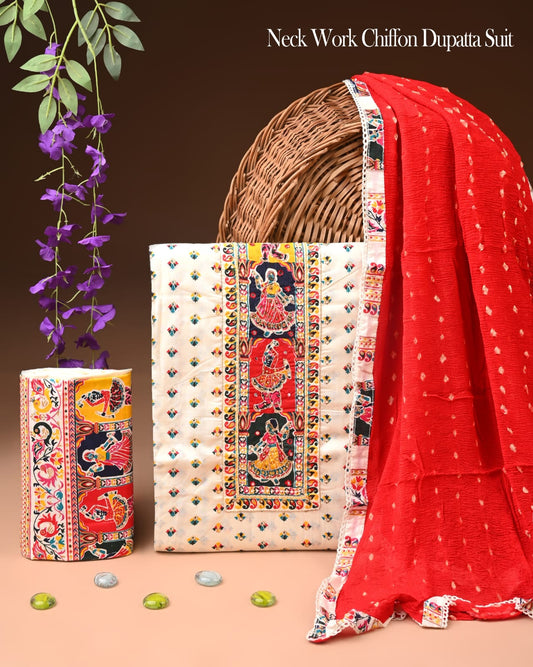 Premium Gota Patti Work Cotton Suit Set With Chiffon Dupatta
