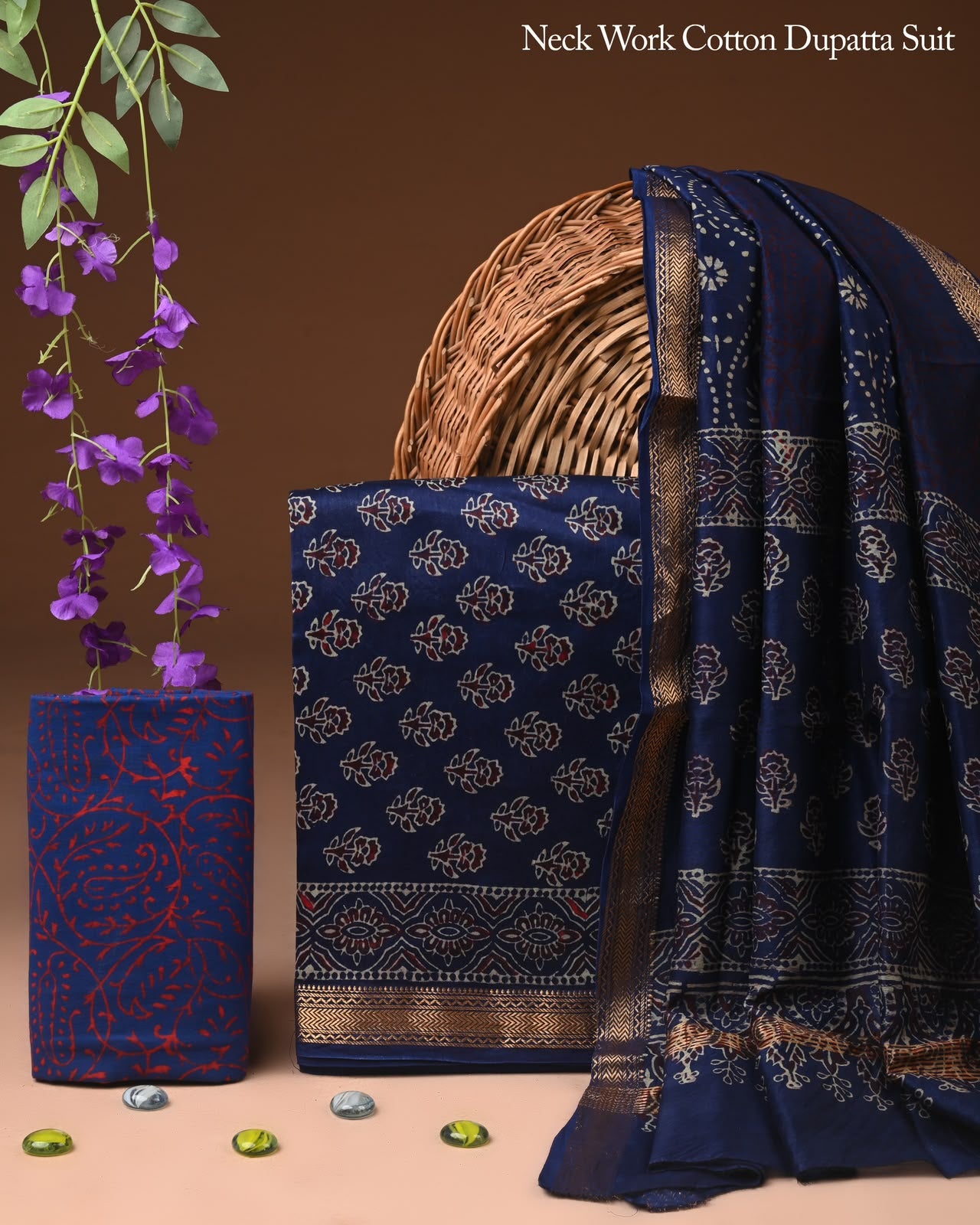 Premium Designer Handblock Printed Maheshwari Silk Suit Set