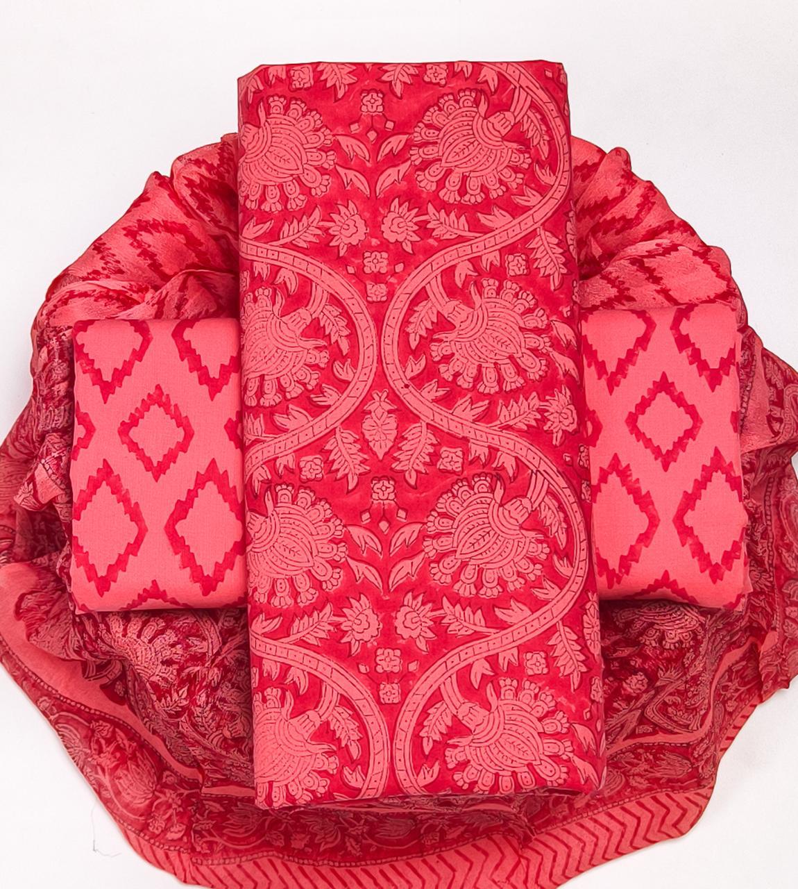 Pure Cotton Hand Block Printed Suit Set With Chiffon Dupatta