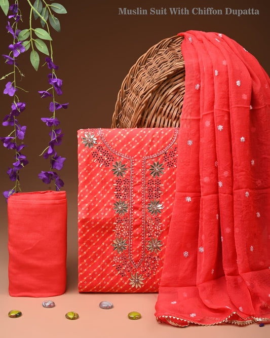 Premium Gota Patti Work Cotton Suit Set With Chiffon Dupatta