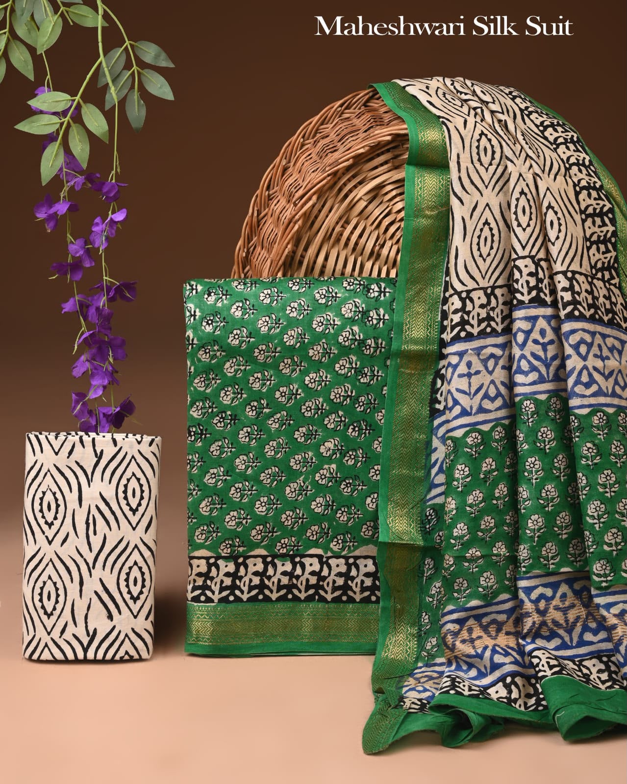 Premium Designer Handblock Printed Maheshwari Silk Suit Set