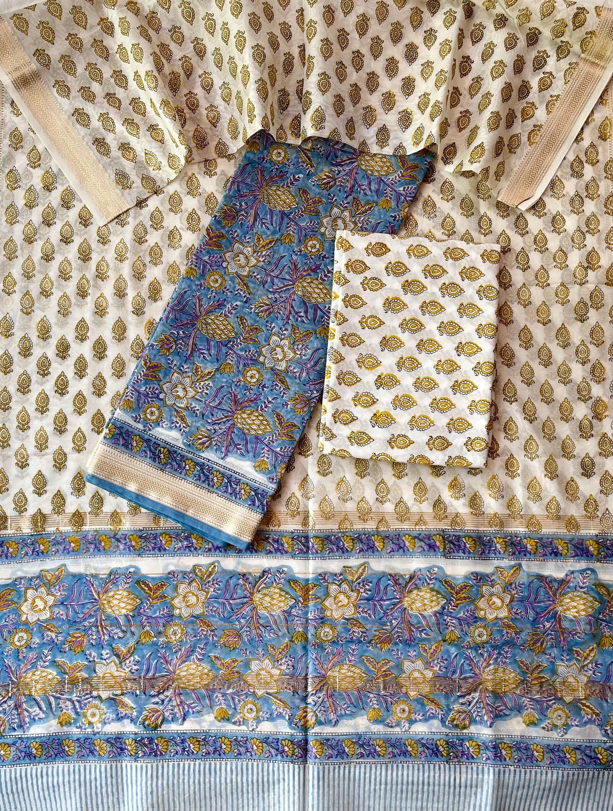 Premium Designer Handblock Printed Maheshwari Silk Suit Set