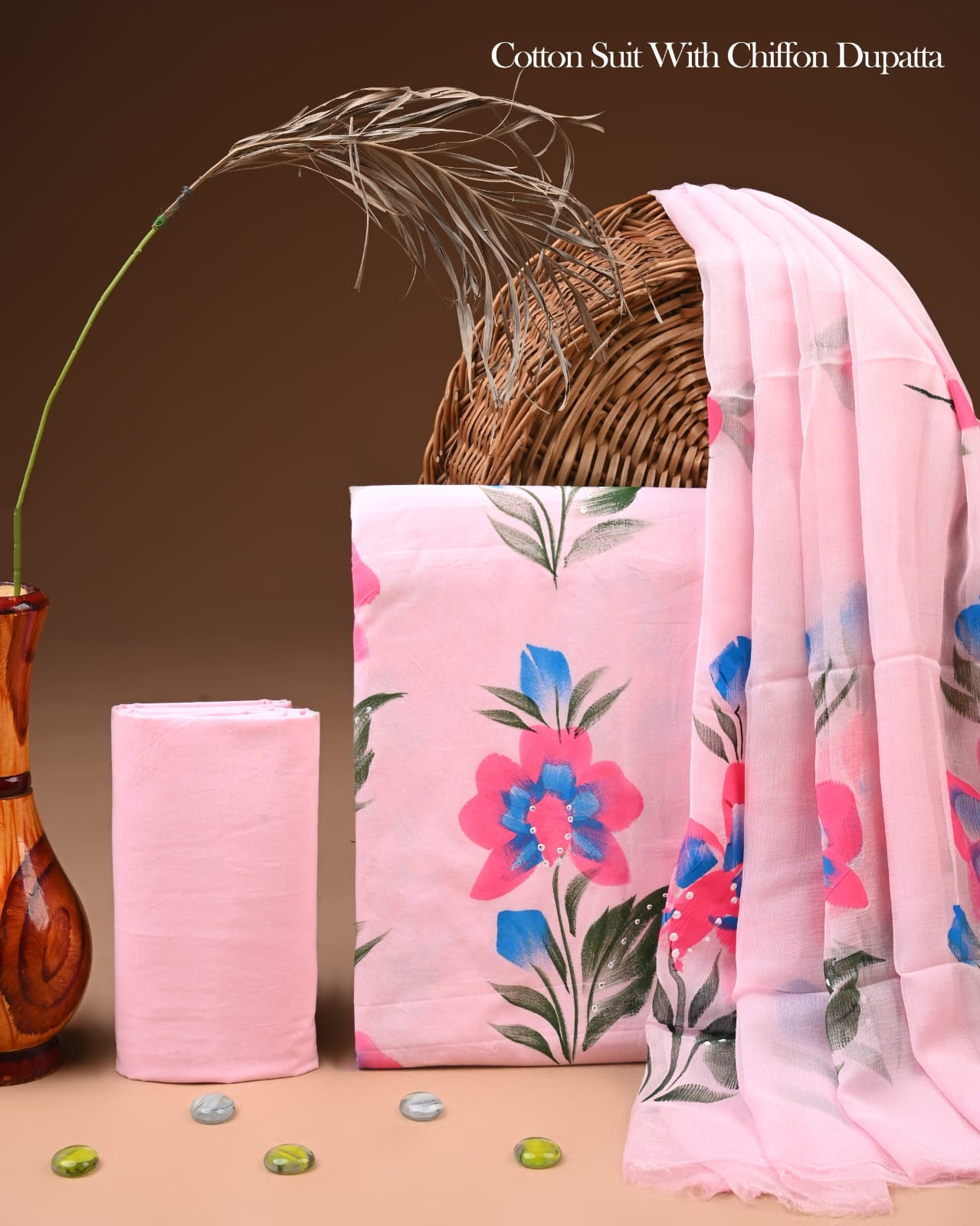 Pure Cotton Hand Block Printed Suit Set With Chiffon Dupatta