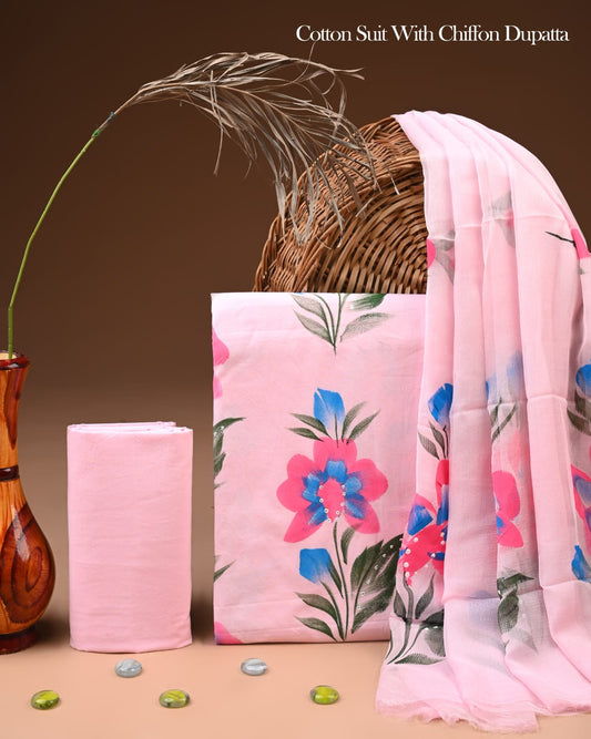 Pure Cotton Hand Block Printed Suit Set With Chiffon Dupatta
