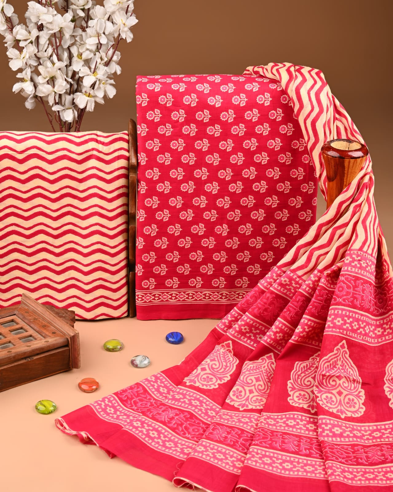 Designer Hand Block Printed Cotton Suit Set With Cotton Dupatta