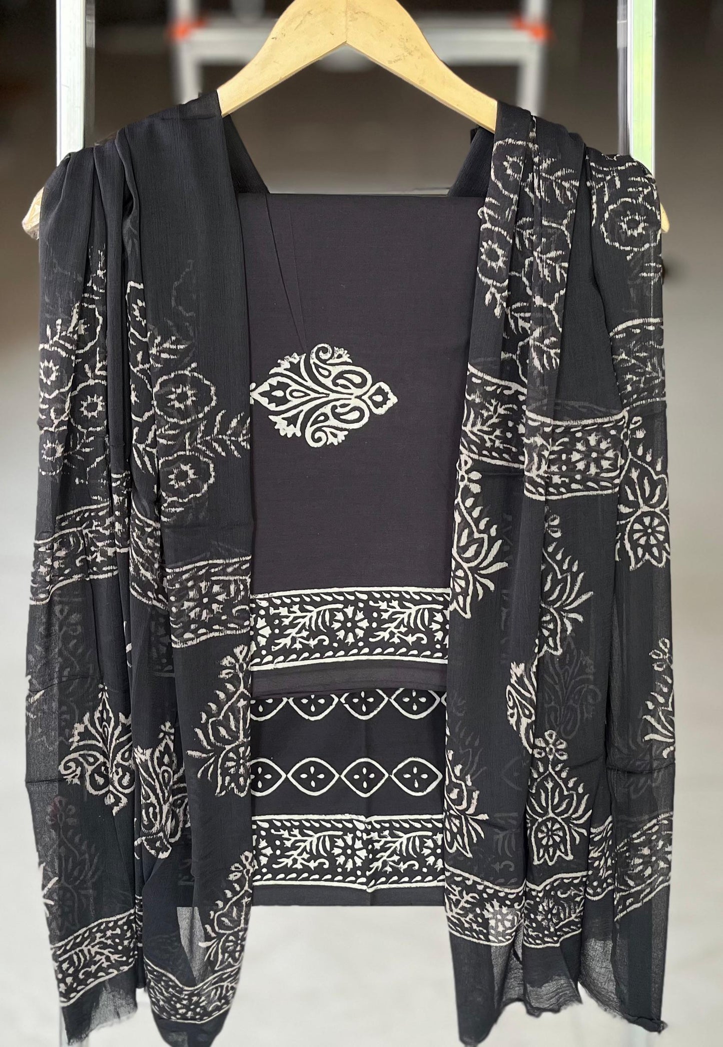 Pure Cotton Hand Block Printed Suit Set With Chiffon Dupatta