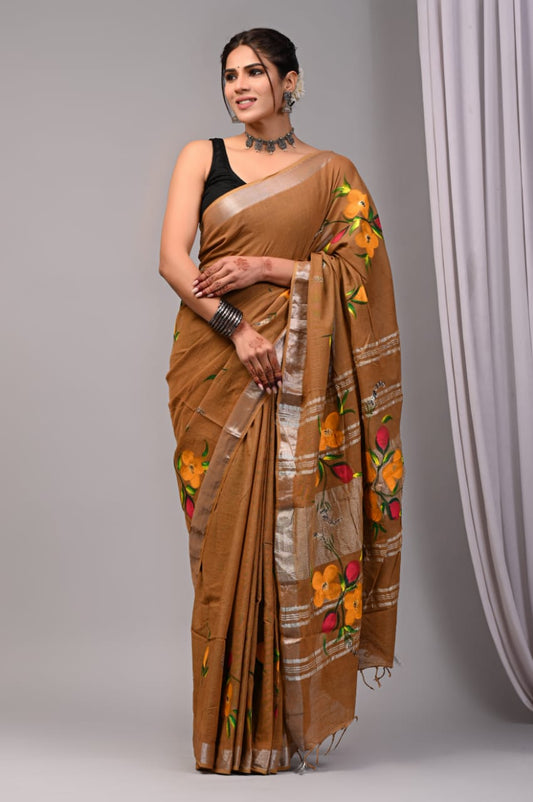 Pure Cotton Linen Handblock Printed Saree With Blouse