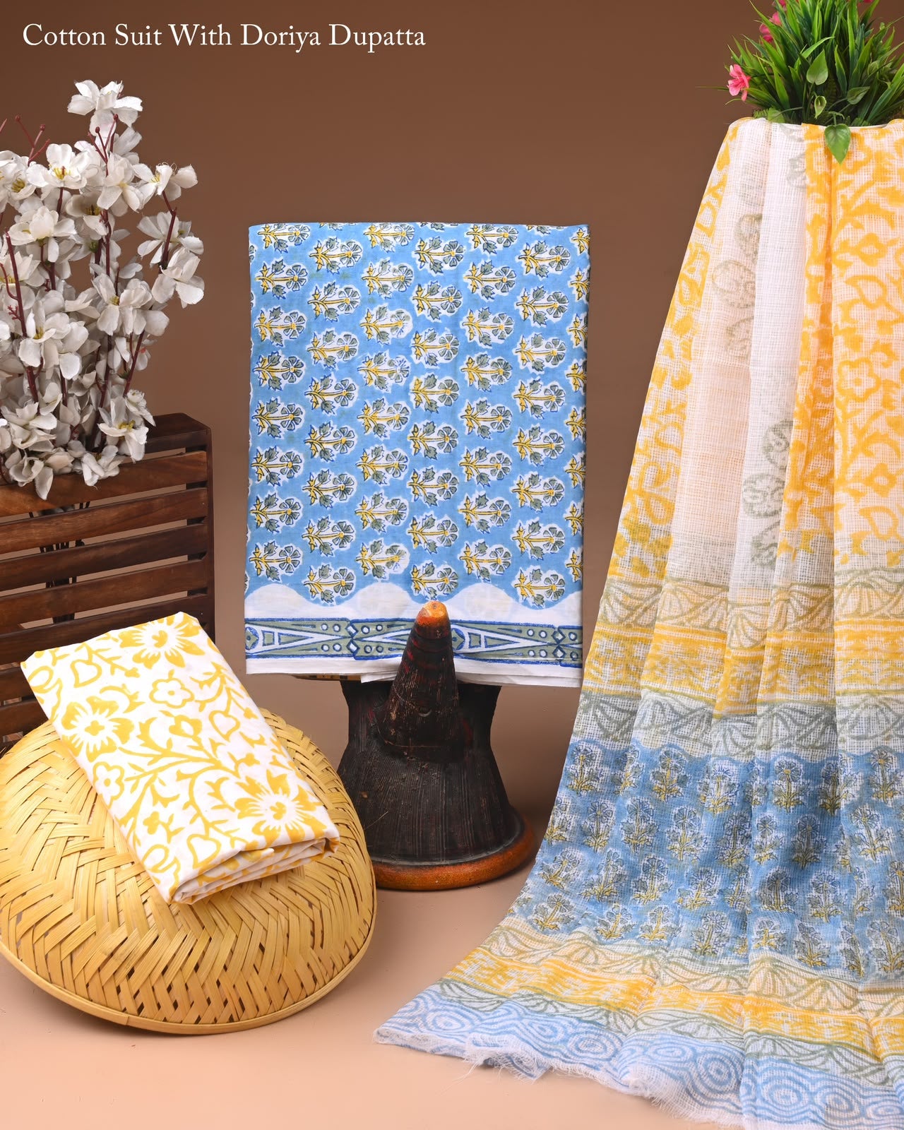 Pure Cotton Hand Block Printed Suit Set With Kota Doria Dupatta