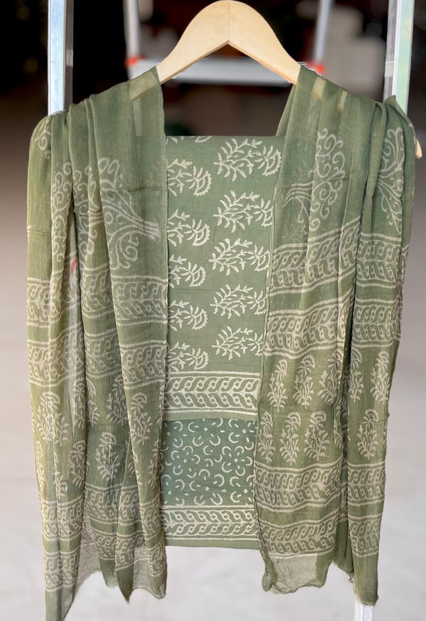Pure Cotton Hand Block Printed Suit Set With Chiffon Dupatta