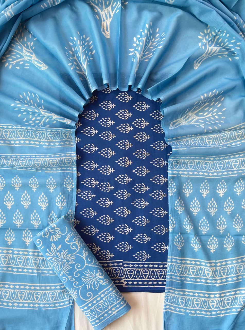 Pure Soft Cotton Hand Block Printed Suit Set With Cotton Dupatta