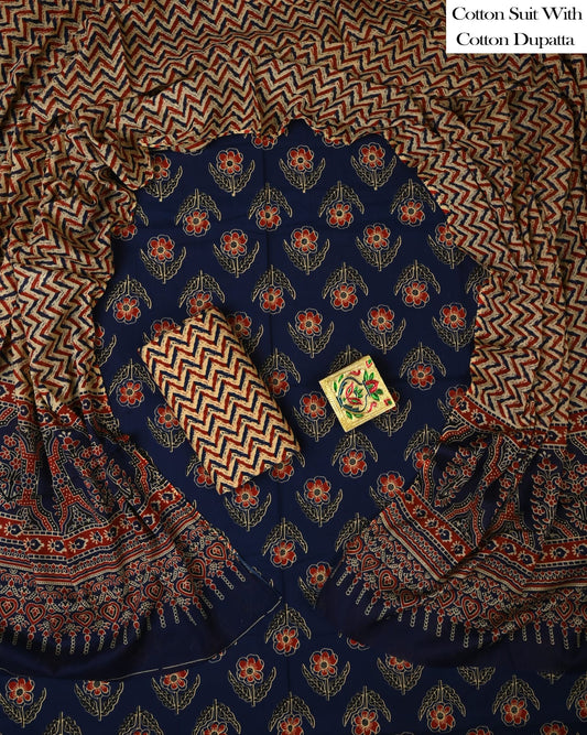 Designer Hand Block Printed Cotton Suit Set With Cotton Dupatta