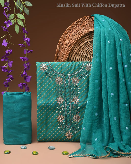 Premium Gota Patti Work Cotton Suit Set With Chiffon Dupatta