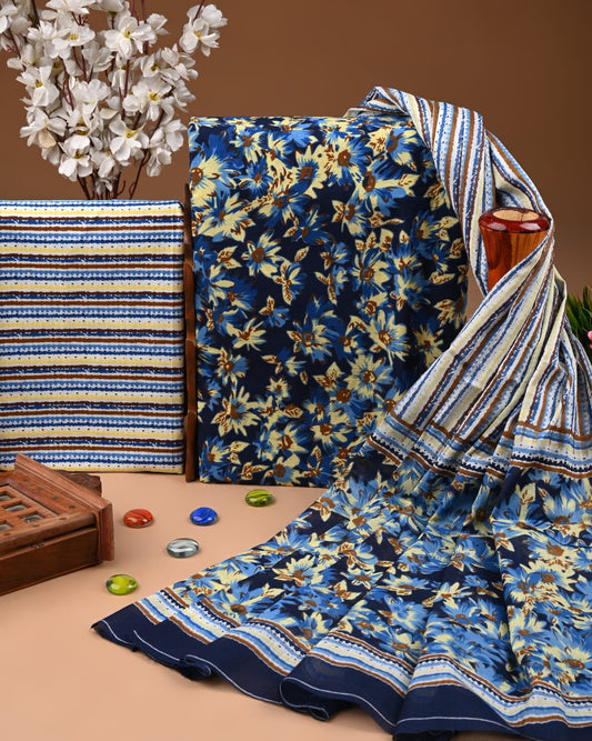 Designer Hand Block Printed Cotton Suit Set With Cotton Dupatta