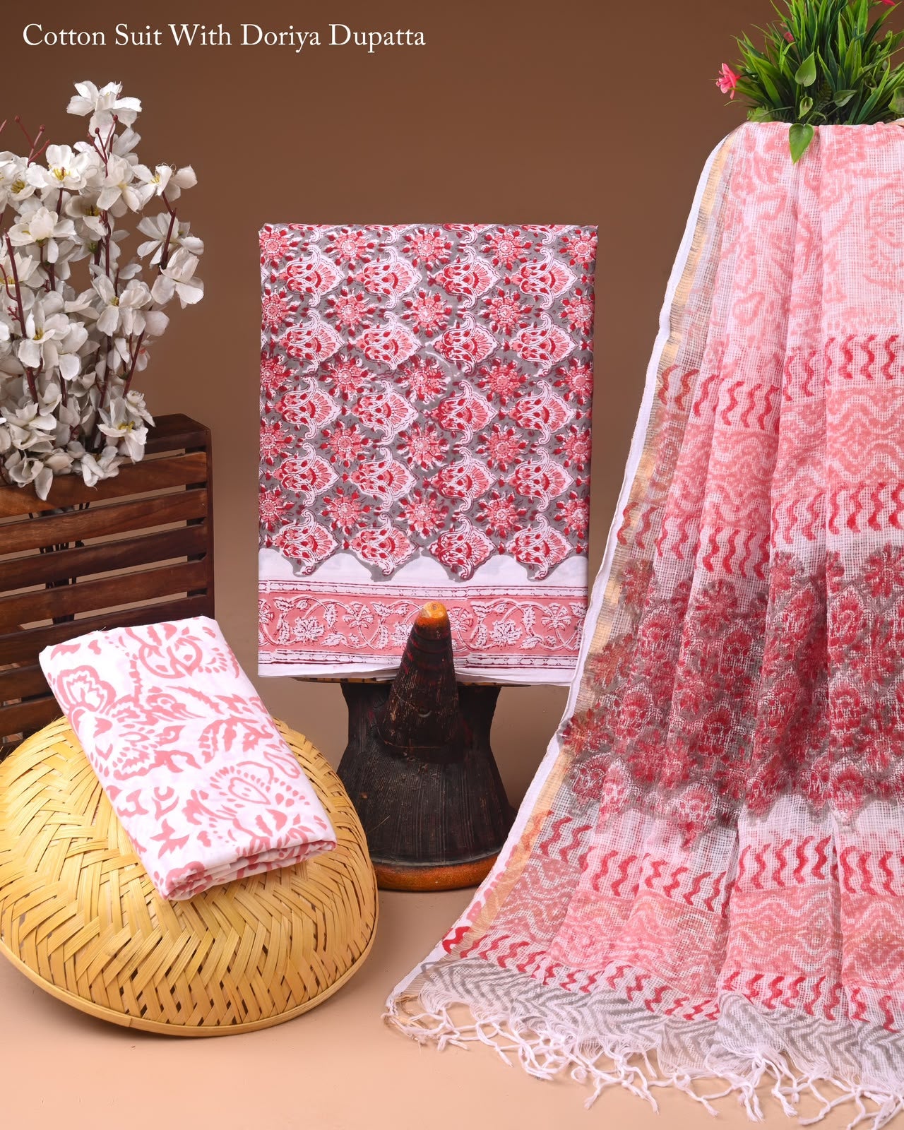 Pure Cotton Hand Block Printed Suit Set With Kota Doria Dupatta