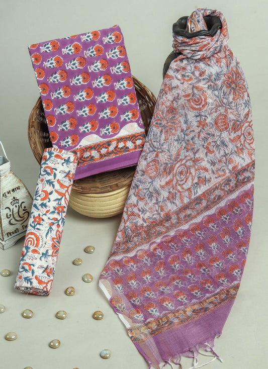 Pure Cotton Hand Block Printed Suit Set With Kota Doria Dupatta